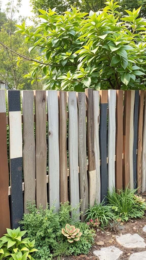 A colorful fence made from recycled wood panels, surrounded by greenery and plants.