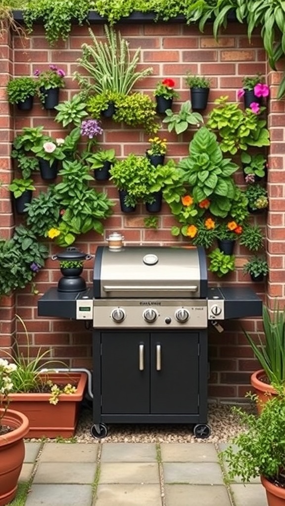 A BBQ grill in front of a vertical garden wall filled with various plants and flowers.