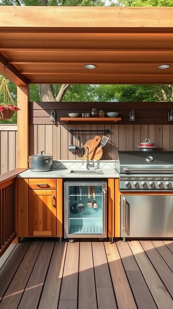 An outdoor kitchen featuring a refrigerator, storage cabinets, and a grill on a wooden deck.