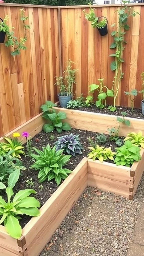 A cozy L-shaped raised garden bed filled with various plants and flowers, surrounded by wooden fencing.