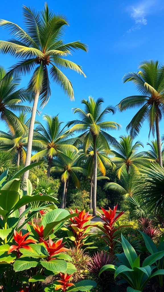 A tropical garden with tall palm trees and vibrant red flowers under a blue sky.