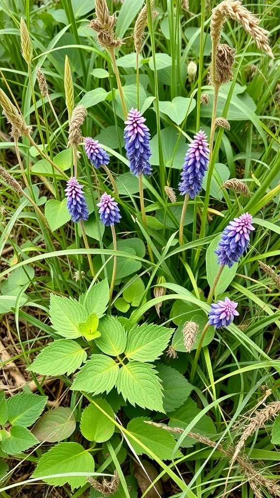A group of purple flowering weeds with green leaves in a natural setting.