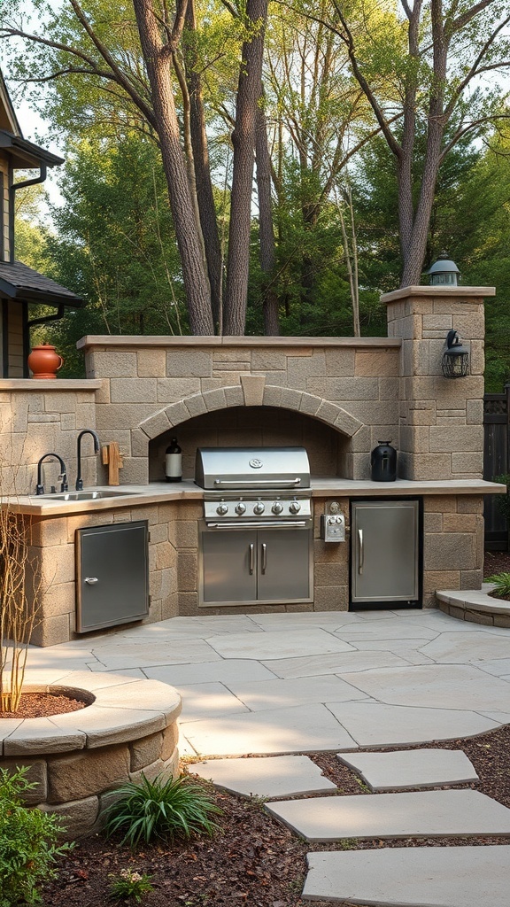 A rustic built-in grill station made of stone with stainless steel appliances, surrounded by trees.