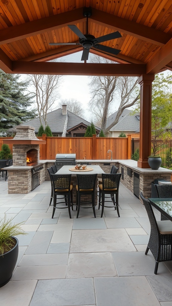 Outdoor kitchen with L-shaped layout, featuring a fireplace and dining area.