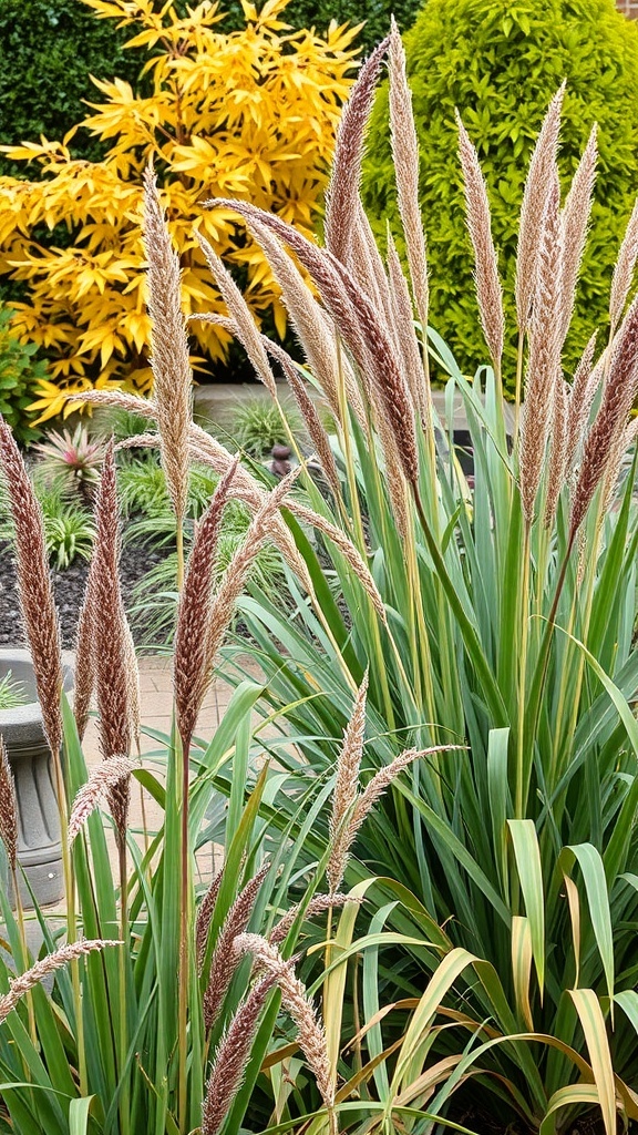A garden featuring tall ornamental grasses with brown feathery plumes, set against vibrant yellow and green foliage.