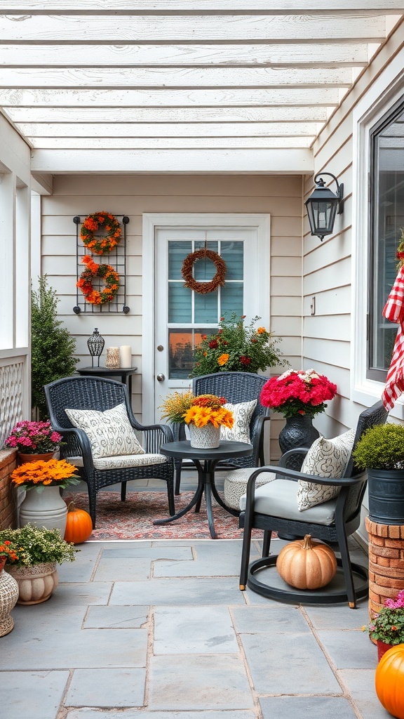 Cozy patio with seasonal decor featuring flowers, pumpkins, and wreaths.