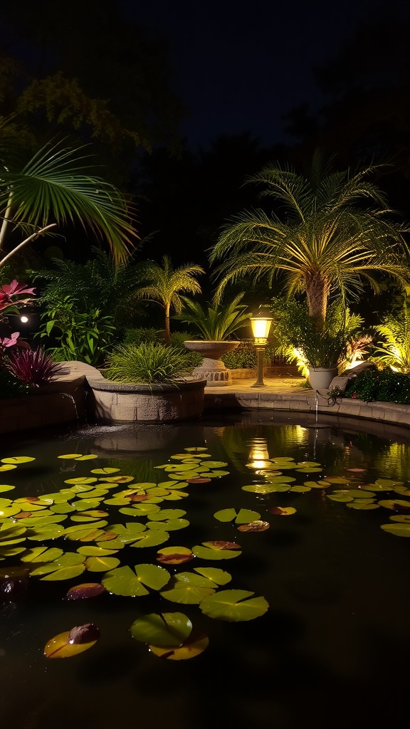 A beautifully lit garden pond at night with lily pads and surrounding greenery.