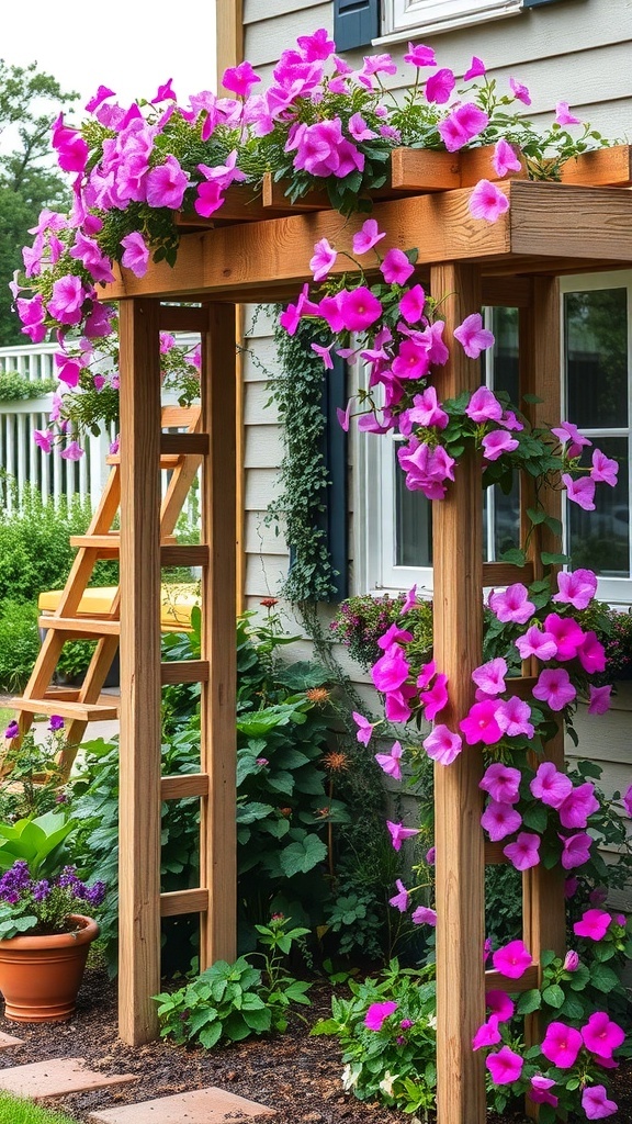 A wooden arbor covered in pink flowers, enhancing a cottage flower garden.