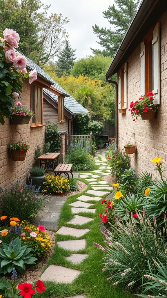 A charming cottage garden pathway lined with colorful flowers and greenery, featuring stepping stones and a wooden bench.