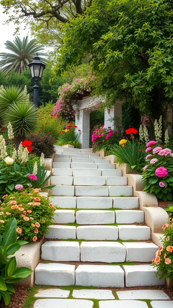 White stone steps leading through a colorful flower garden