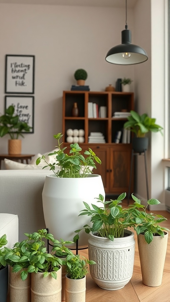 A cozy room with various herb plants in stylish containers, showcasing a blend of decor and greenery.