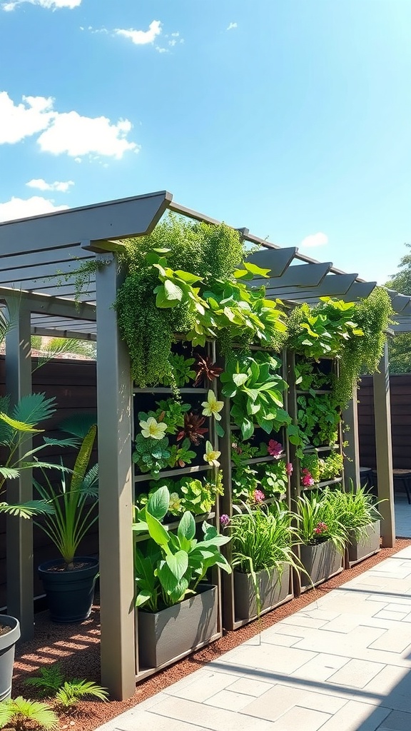 A modern pergola with vertical garden panels filled with various plants, creating a lush outdoor space.