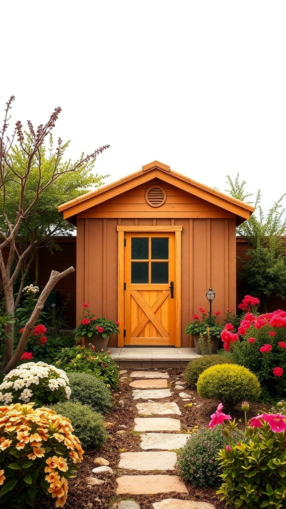 A terracotta garden shed surrounded by colorful flowers and a stone pathway.