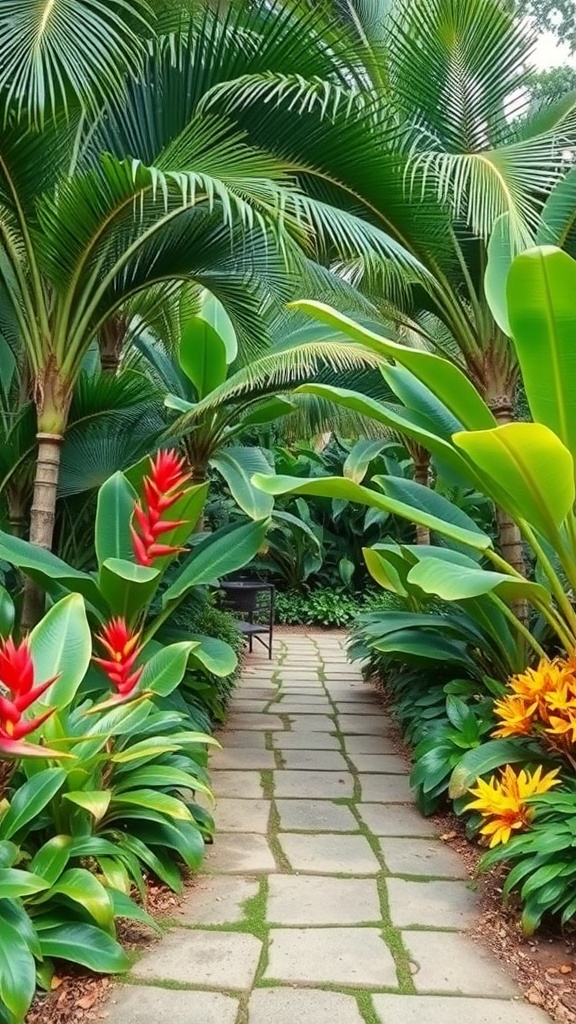 A stone pathway surrounded by tropical plants and colorful flowers.
