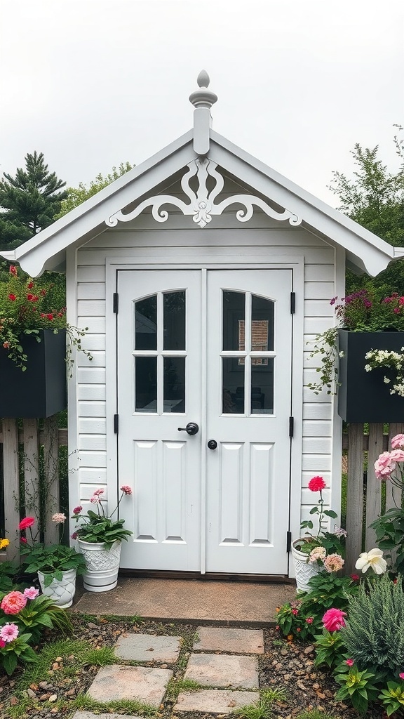 A classic Victorian style white garden shed with decorative trim, surrounded by colorful flowers.