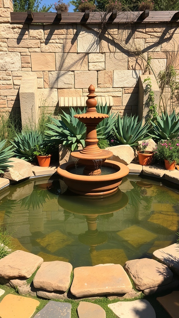A Mediterranean-inspired garden pond featuring a terracotta fountain surrounded by lush plants and stones.