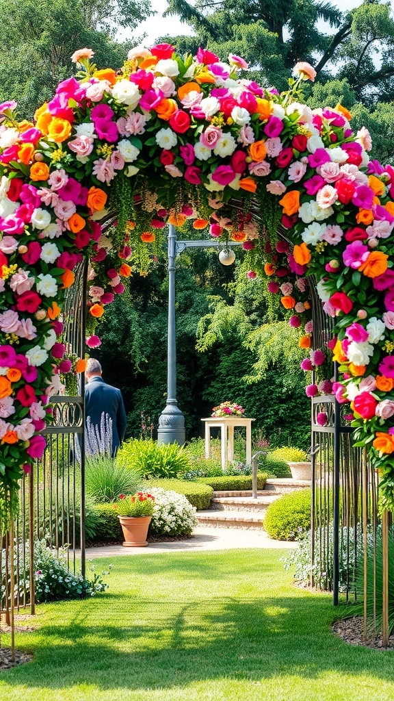 A vibrant floral canopy arch adorned with colorful flowers, creating a beautiful entrance in a garden.