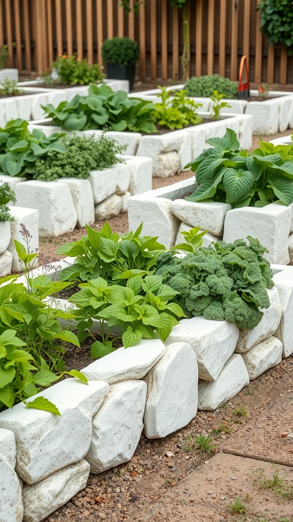 Rustic white stone raised garden beds filled with green plants