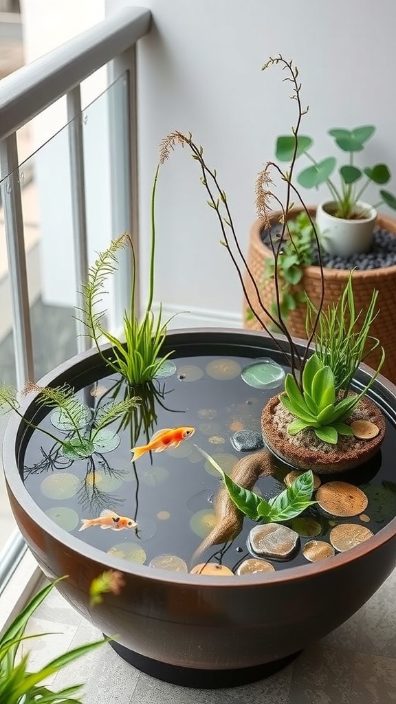 A round container water garden with goldfish, pebbles, and aquatic plants.