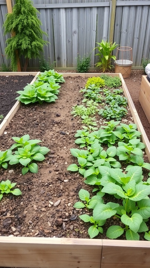 A raised bed garden with various plants, showcasing seasonal rotation.