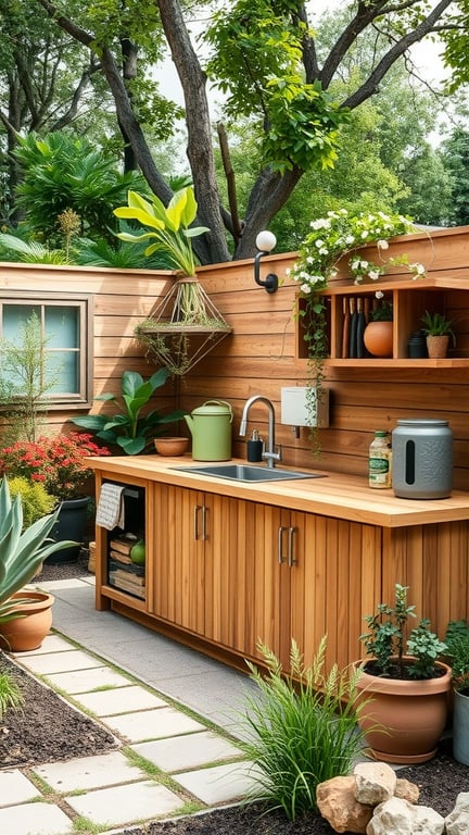 Eco-friendly outdoor kitchen with a rainwater sink, wooden cabinetry, and surrounding greenery.