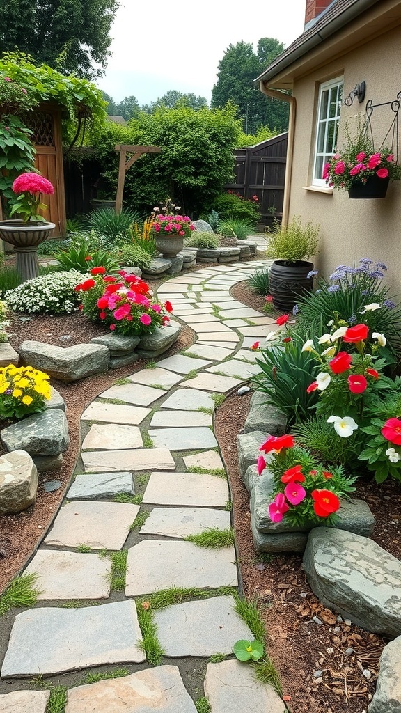 A cozy stone pathway winding through a colorful cottage garden filled with flowers.