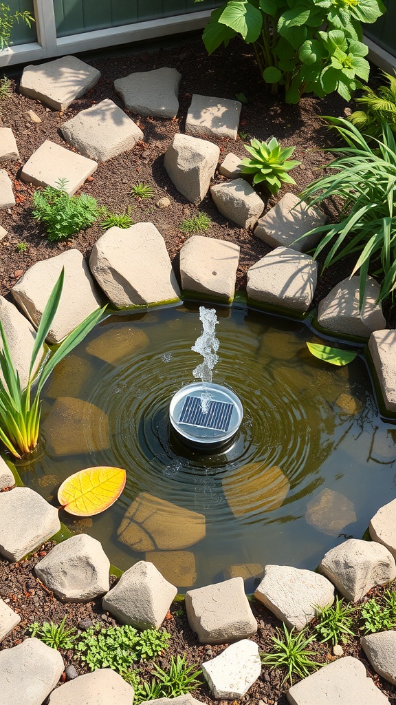 A solar-powered fountain in a garden pond surrounded by stones and plants.