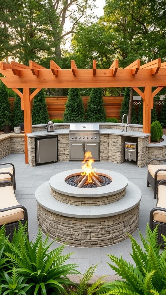 An outdoor kitchen featuring a fire pit, grill, and comfortable seating.