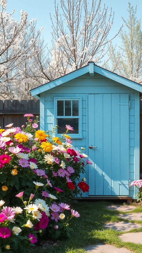 A light blue garden shed surrounded by colorful flowers