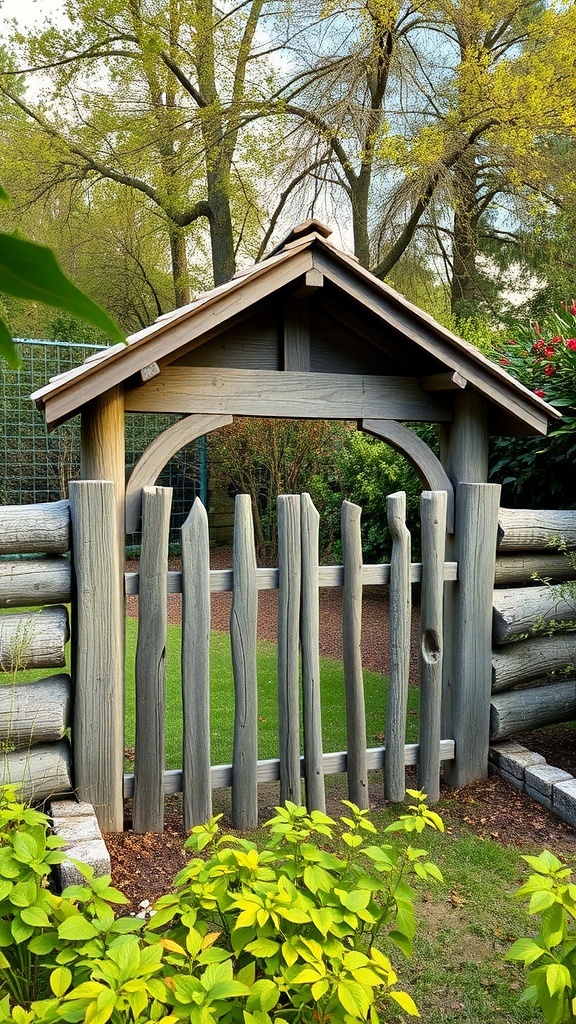 A rustic log cabin style fence with an archway gate, surrounded by greenery.