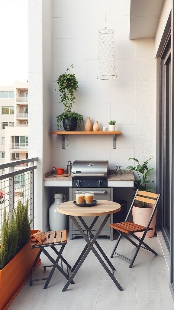 Compact balcony kitchen with grill, plants, and seating