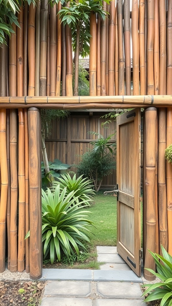 A bamboo fence with a rustic wooden gate, surrounded by green plants and grass.