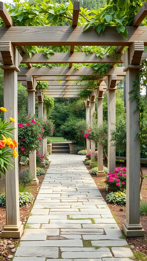 A stone pathway framed by a wooden pergola with climbing plants and colorful flowers on either side.