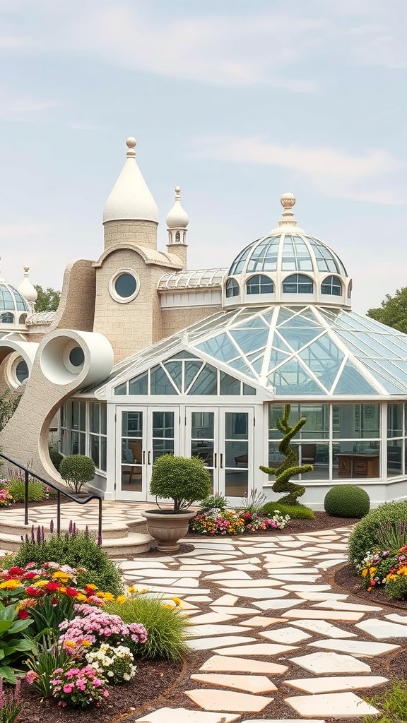 A beautifully designed artistic greenhouse with glass domes and a stone pathway surrounded by colorful flowers.