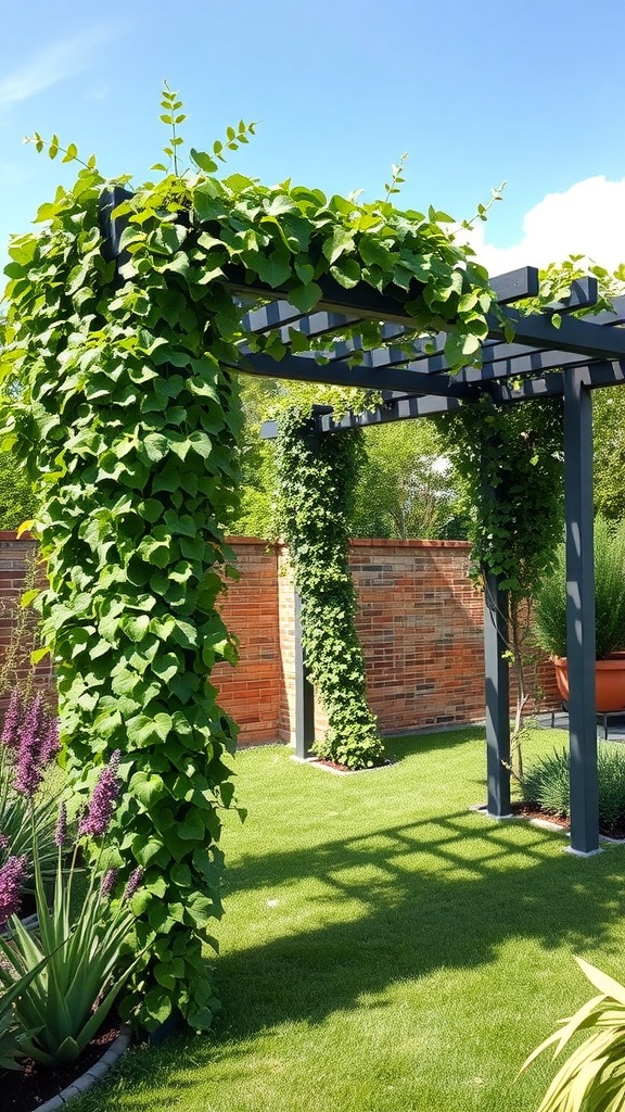 A modern steel pergola with climbing vines in a garden, surrounded by colorful flowers and green grass.