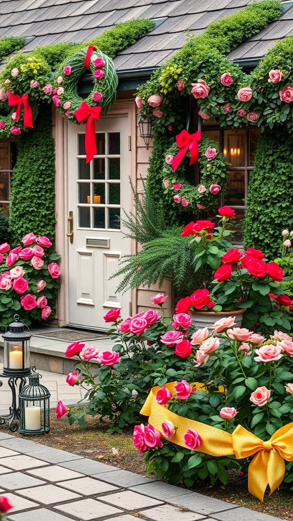 A cottage rose garden with vibrant pink and red roses, adorned with seasonal decorations like bows and lanterns.