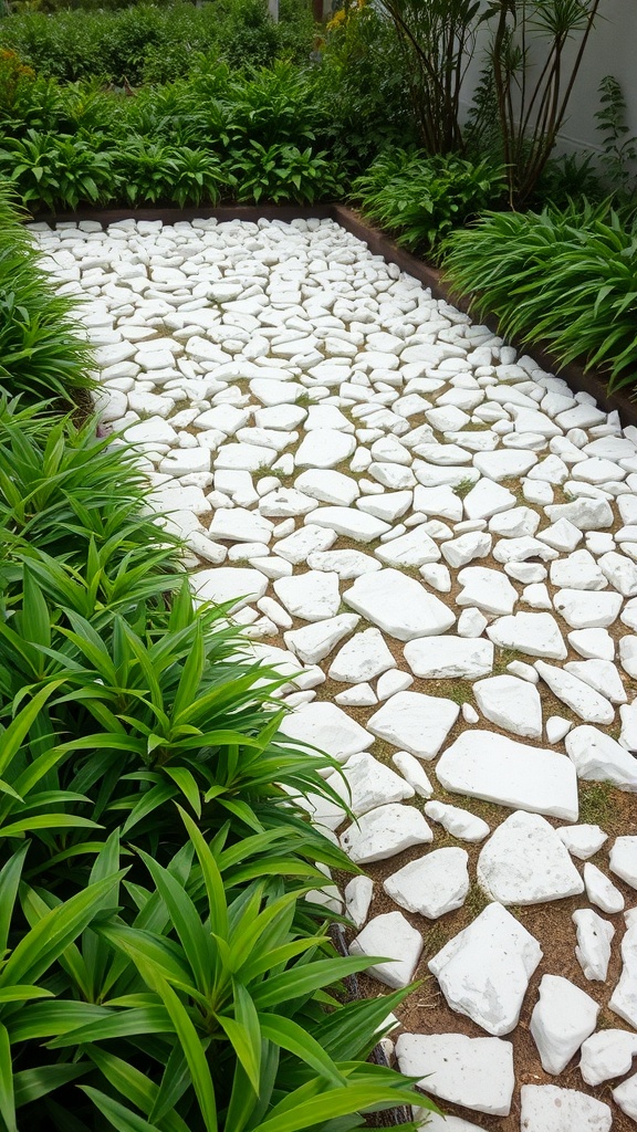A garden pathway made of textured white stones surrounded by green plants