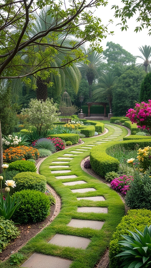 A winding garden pathway lined with colorful flowers and greenery.