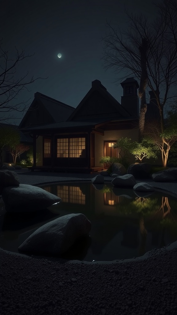 A serene night scene of a garden pond with soft lighting, rocks, and trees creating a tranquil atmosphere.
