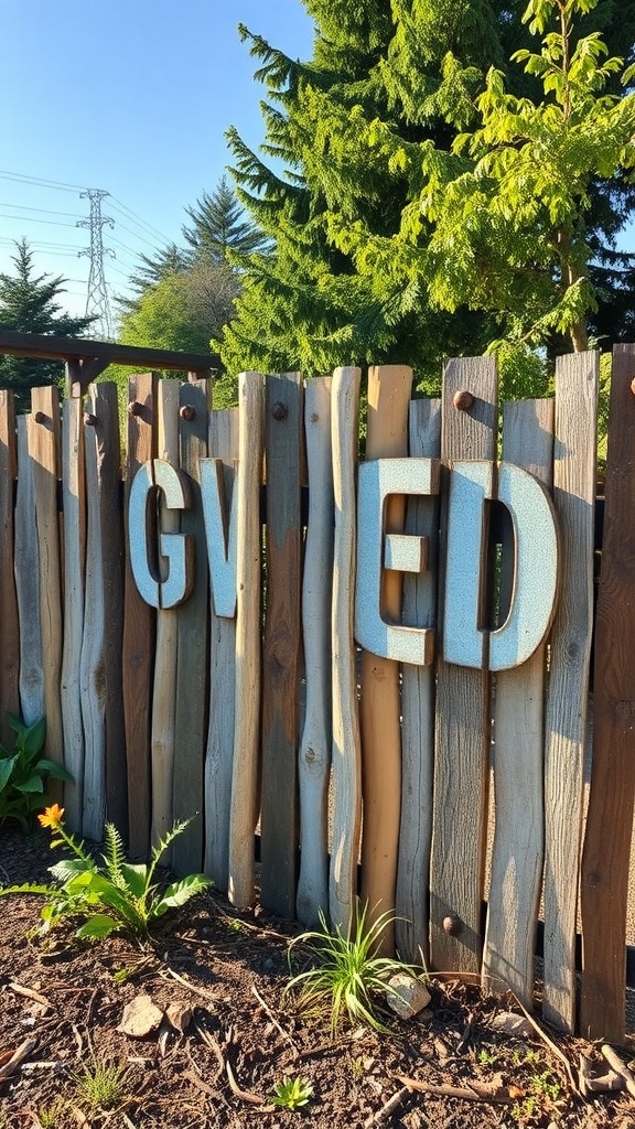 A rustic garden fence made from recycled wooden planks with letters spelling 'GIVEN' attached, surrounded by plants.