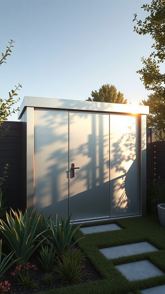 A modern metallic silver garden shed surrounded by greenery and stone pathway.
