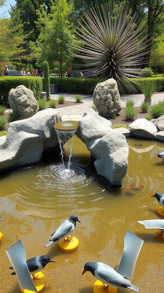 A pond with a sculptural water feature, surrounded by rocks and greenery, with playful bird sculptures floating on the water.