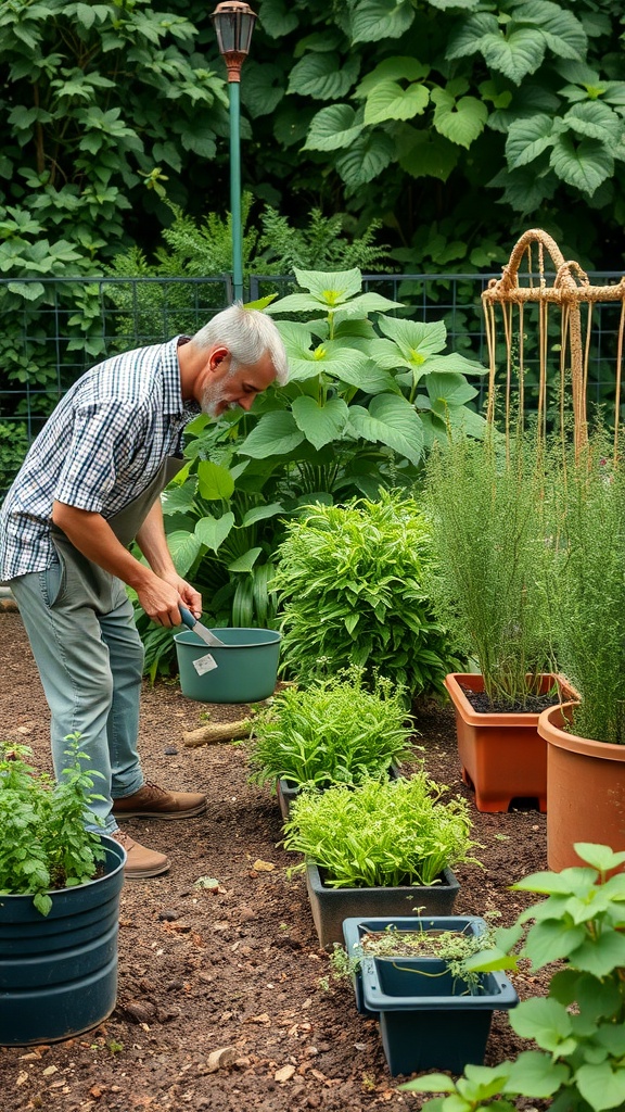 A gardener tending to container herbs in a garden setting.
