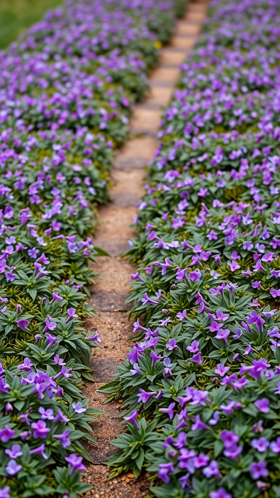 A pathway surrounded by vibrant violet flowering groundcovers