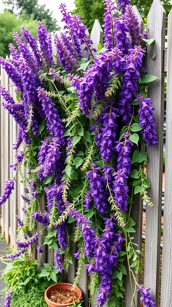 Purple vetch flowers cascading over a wooden fence