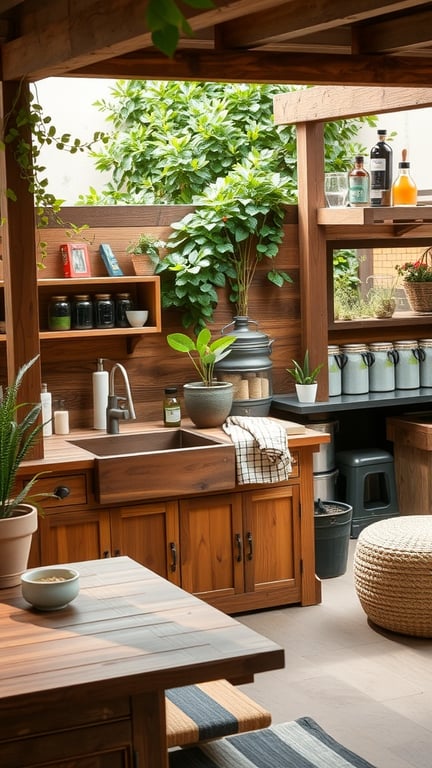 Outdoor kitchen with rustic wood sink surrounded by greenery and shelves