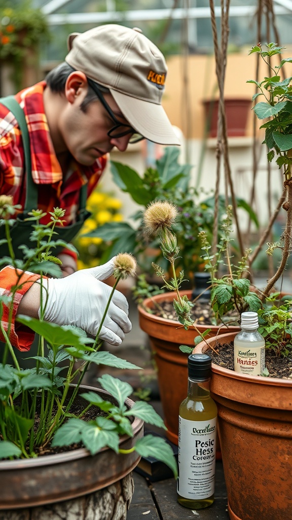 A gardener inspecting plants in a container herb garden, wearing gloves and holding pest control solutions.