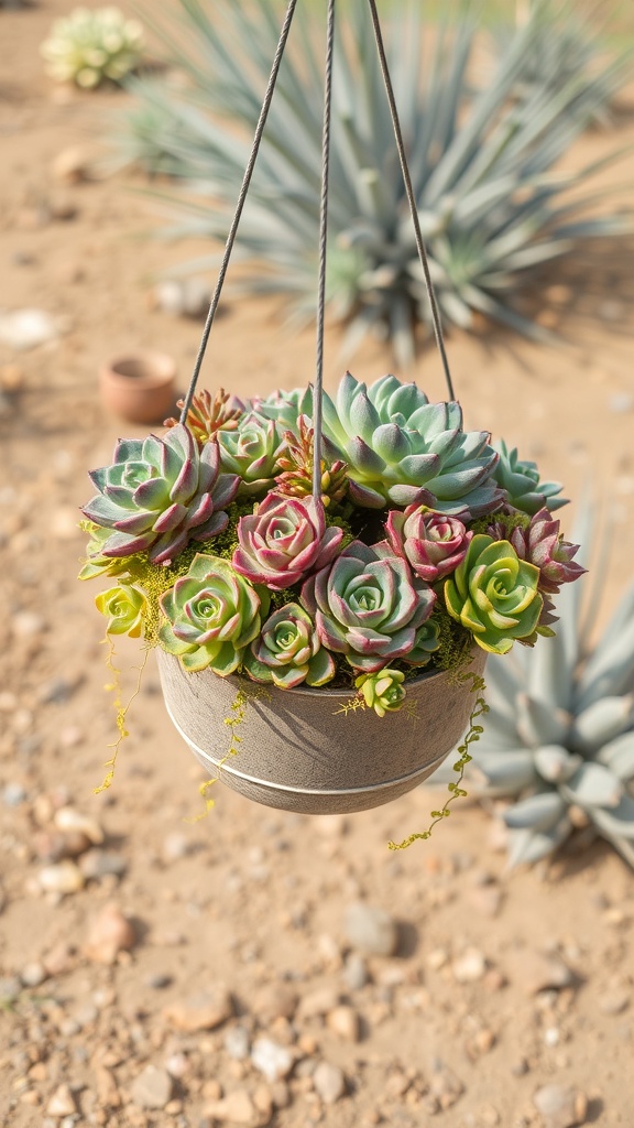 A hanging basket filled with colorful succulents.