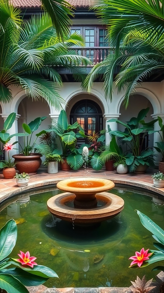 A tropical courtyard garden featuring a fountain surrounded by lush plants and flowers.