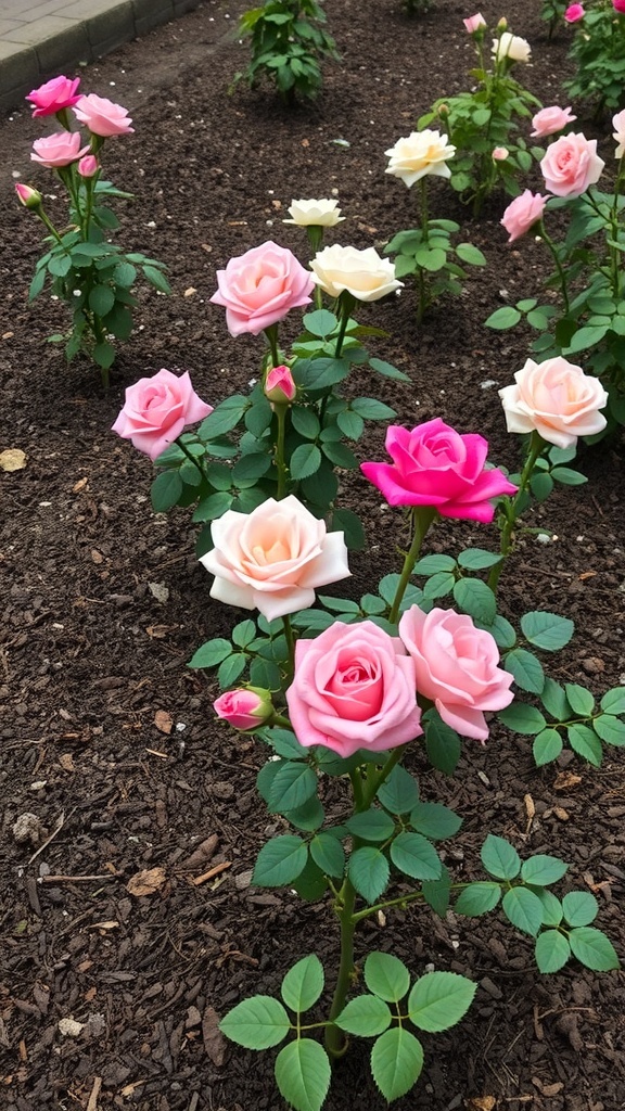 A colorful rose garden with various shades of roses surrounded by dark mulch.